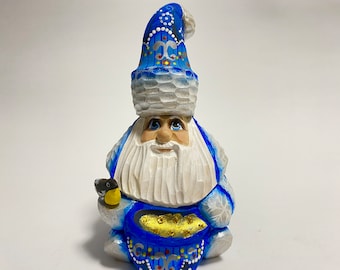 Ukrainian Santa Claus Figurine, Hand Carved Wooden Santa Figure, Wood Carving Art Christmas Gnome Decor 5.6 inch (14 cm)