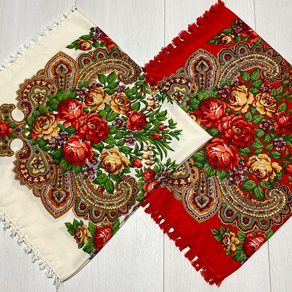 Ukrainian Scarf with Fringe, Babushka Piano Shawl, Slavic Square Head Scarf, Folk Floral Fabric