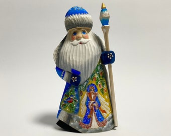 Hand Carved Wooden Santa Claus Dolls Grandfather Frost Figurine Santa Wood Carving Snow Maiden Painting 7.6 inch (19 cm)