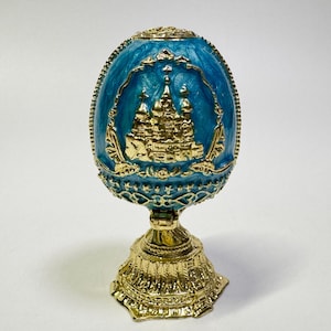 Faberge Egg with Church Model, Enamel Metal Box with Swarovski Crystals 2.6 inch (6.5 cm)