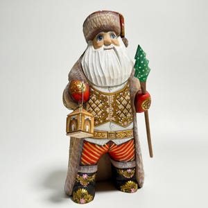 Hand Carved Wooden Santa Claus Figurine, Wood Carving Father Frost, Ukrainian Christmas Decor 9.2 inch (23 cm)