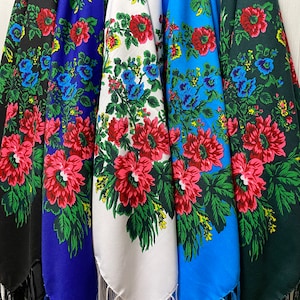 Ukrainian Scarf with Fringe, Babushka Piano Shawl, Slavic Square Head Scarf, Folk Floral Fabric