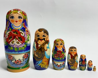 Ukrainian Nesting Dolls for Kids, Matryoshka Babushka Doll, Hand Painted Stacking Dolls, Ukraine Gifts 7 inch (17.5 cm)