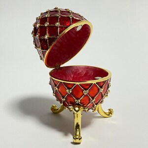 Red Decorative Faberge Egg Jewelry Box, Enamel Metal Trinket Box with Swarovski Crystals 4 inch 10 cm image 6