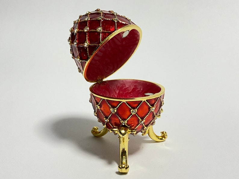 Red Decorative Faberge Egg Jewelry Box, Enamel Metal Trinket Box with Swarovski Crystals 4 inch 10 cm image 6