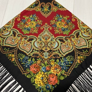 Ukrainian Scarf with Fringe, Babushka Piano Shawl, Slavic Square Head Scarf, Folk Floral Fabric