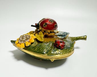 Ladybug on Leaf Jewelry Box, Enamel Metal Trinket Box with Swarovski Crystals
