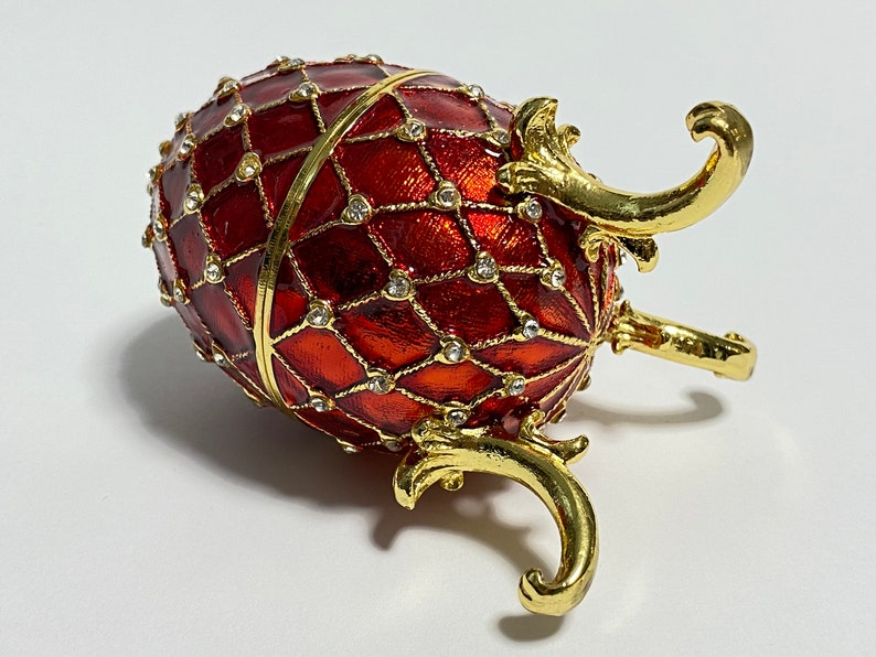 Red Decorative Faberge Egg Jewelry Box, Enamel Metal Trinket Box with Swarovski Crystals 4 inch 10 cm image 4