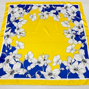 Ukrainian Scarf, Babushka Boho Shawl, Slavic Square Head Scarf, Blue Yellow Silk Scarf