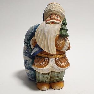 Figurine en bois du père Noël avec grand sac, figurine du père Noël sculptée à la main, poupée ukrainienne du père Noël Frost, art de la sculpture sur bois 5,6 pouces 14 cm image 2