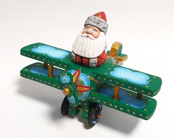 Poupée du père Noël en bois sculpté, modèle d'avion, peinture acrylique 16 cm (6,3 pouces)