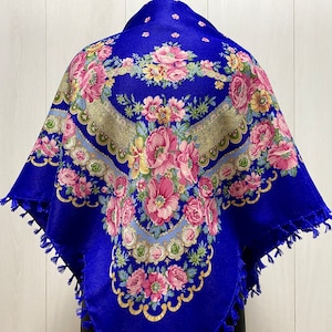 Ukrainian Scarf with Fringe, Babushka Piano Shawl, Slavic Square Head Scarf, Folk Floral Fabric