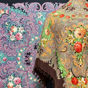 Bufanda ucraniana con flecos, chal de piano Babushka, bufanda de cabeza cuadrada eslava, tela floral popular