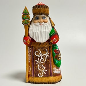 Hand Carved Wooden Santa Claus Figurine, Wood Carving Father Frost, Ukrainian Christmas Decor 6 inch (15 cm)
