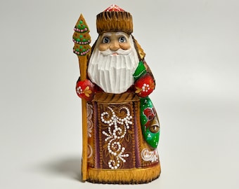 Hand Carved Wooden Santa Claus Figurine, Wood Carving Father Frost, Ukrainian Christmas Decor 6 inch (15 cm)