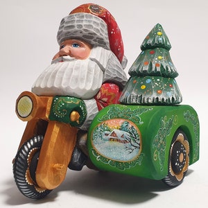 Hand Carved Wooden Santa Claus Figurine, Father Frost Santa Figure, Motorcycle Model Christmas Decorations Room Decor