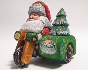 Hand Carved Wooden Santa Claus Figurine, Father Frost Santa Figure, Motorcycle Model Christmas Decorations Room Decor