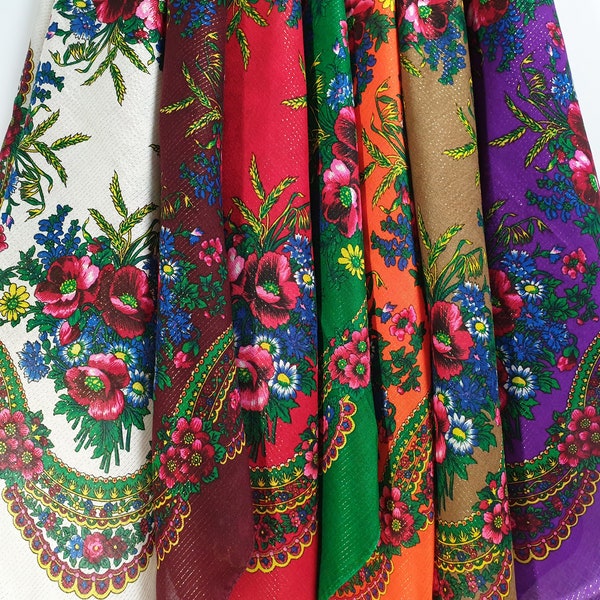 Ukrainian Scarf Golden Thread Shawl USSR Style Floral Print Babushka Scarf Floral Folk Fabric 30x30 inch