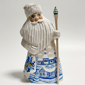 Hand Carved Wooden Santa Claus Figurine, Wood Carving Father Frost, Ukrainian Christmas Decor 7.4 inch (18.5 cm)