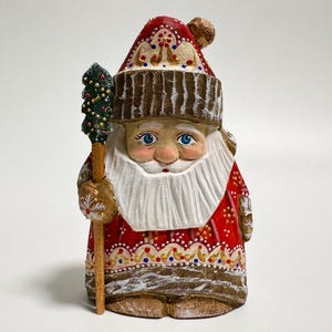 Hand Carved Wooden Santa Claus Figurine, Wood Carving Father Frost, Ukrainian Christmas Decor 4.8 inch (12 cm)