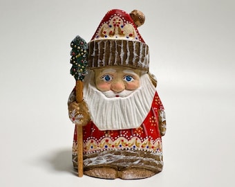 Hand Carved Wooden Santa Claus Figurine, Wood Carving Father Frost, Ukrainian Christmas Decor 4.8 inch (12 cm)