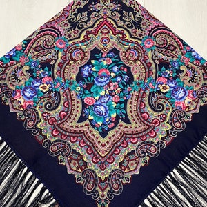 Ukrainian Scarf with Fringe, Babushka Piano Shawl, Slavic Square Head Scarf, Folk Floral Fabric