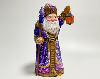 Hand Carved Wooden Santa Claus Figurine, Wood Carving Father Frost, Ukrainian Christmas Decor 8.8 inch (22 cm)