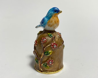 Collectible Bird Thimble, Enamel Metal Thimble with Swarovski Crystals, Nightingale Figurine, Seamstress Gift