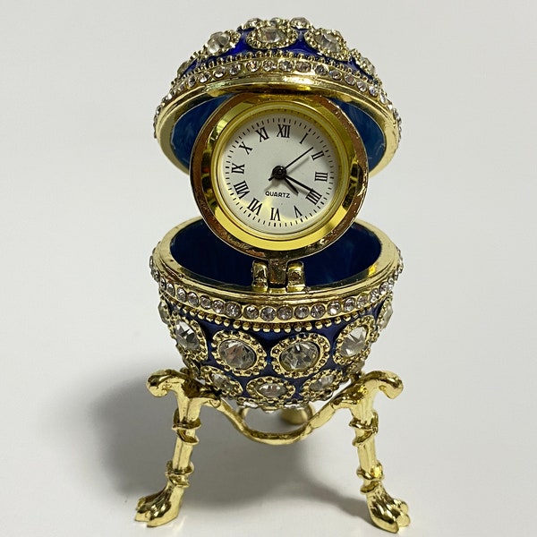 Decorative Faberge Egg Clock in Box, Enameled Metal Box with Swarovski Crystals 2.8 inch (7 cm)