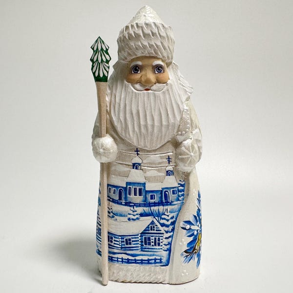 Hand Carved Wooden Santa Claus Figurine, Wood Carving Father Frost, Ukrainian Christmas Decor 7.6 inch (19 cm)
