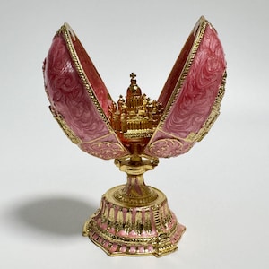 Faberge Egg with Church Model, Enamel Metal Box with Swarovski Crystals 4.8 inch (12 cm)