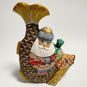 Hand Carved Santa Claus on Fish, Wooden Santa Figurine, Wood Carving Animal, Ukrainian Christmas Decor 7.6 inch (19 cm)
