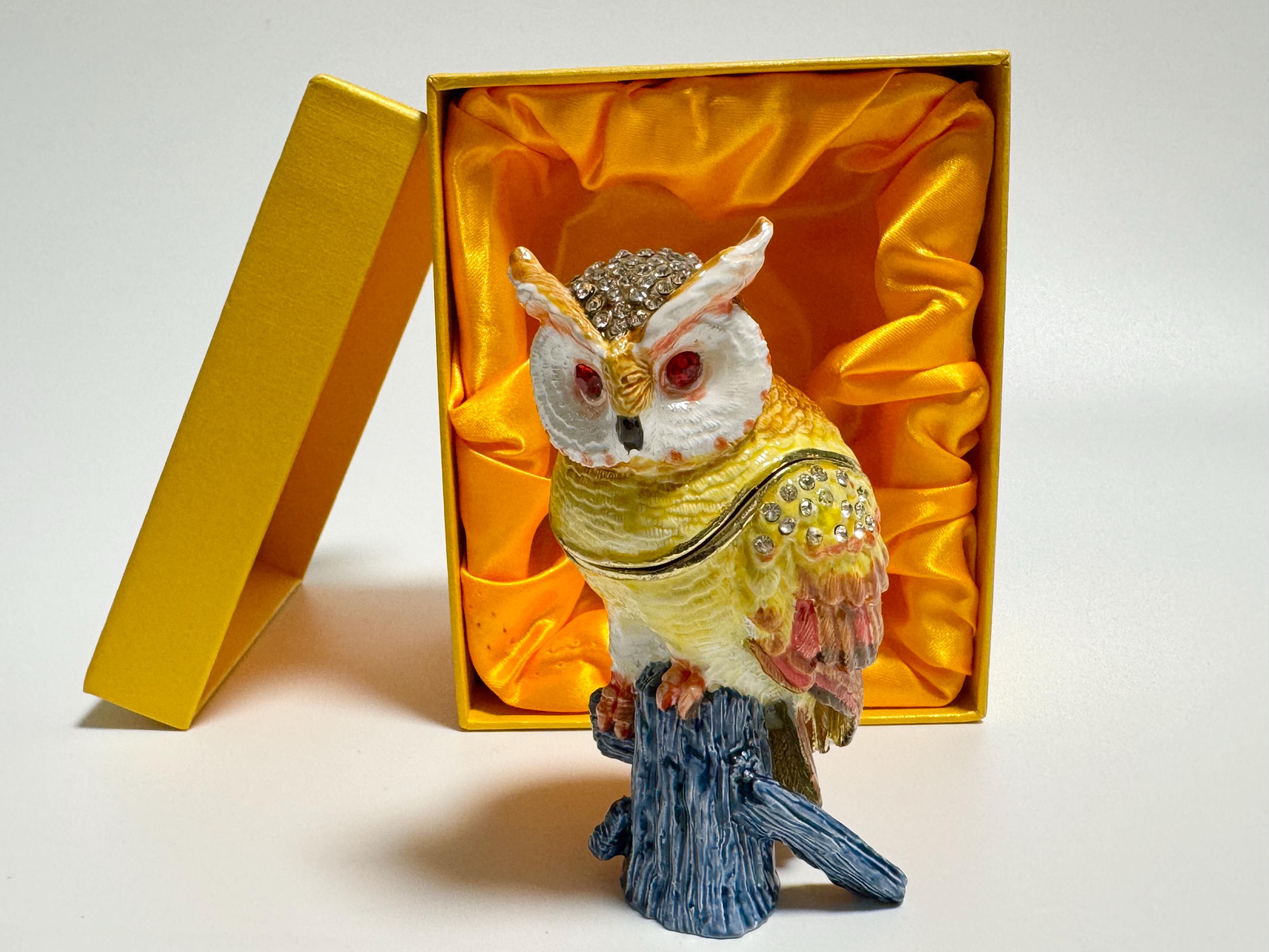 フクロウのジュエリーボックス、鳥の小物入れ、スワロフスキー