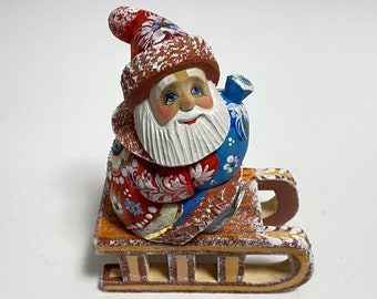 Ukrainian Santa Claus Figurine on Sleigh, Hand Carved Wooden Santa Figure, Wood Carving Art Father Frost 6 inch (15 cm)