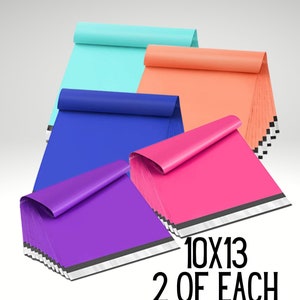 May include: A collection of colorful 10x13 inch shipping envelopes in teal, coral, blue, pink, and purple. Each color has a stack of two envelopes. The text "10X13 2 OF EACH COLOR" is displayed.