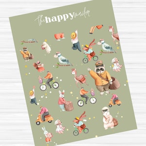 May include: Watercolor illustration featuring various animals, including a raccoon, fox, and rabbit, dressed in postal worker attire. The animals are depicted riding bicycles, scooters, and carrying packages on a light green background. The text "The happy mailer" is written in white cursive.