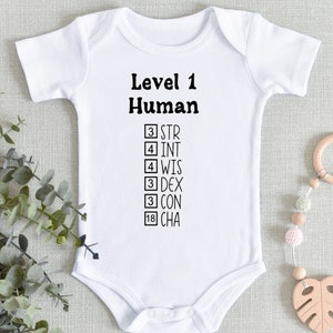 Level 1 Human | Character Creation Stats | Dungeons & Dragons | DND Baby Gifts | Gamer Baby Announcement