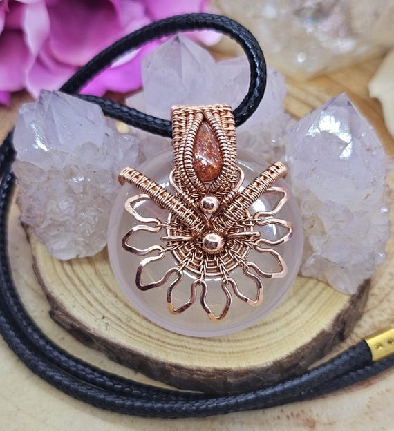 Handmade Copper Wire Wrapped Natural Ice Rose Quartz Donut and