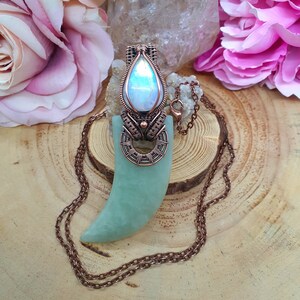 Handmade Wire Wrapped Green Jade Horn and Rainbow Moonstone Pendant and Chain / Gift / Gemstone Necklace / Designer Jewelry / Boho / Artisan