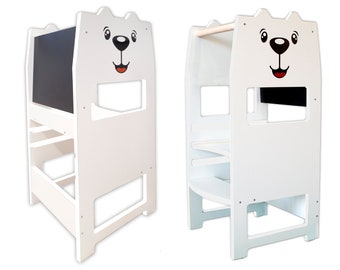 EASY TOWER Montessori Learning Tower for Children, Fixed with Adjustable Top, Optional High Chair, Wheels, Second Safety Bar