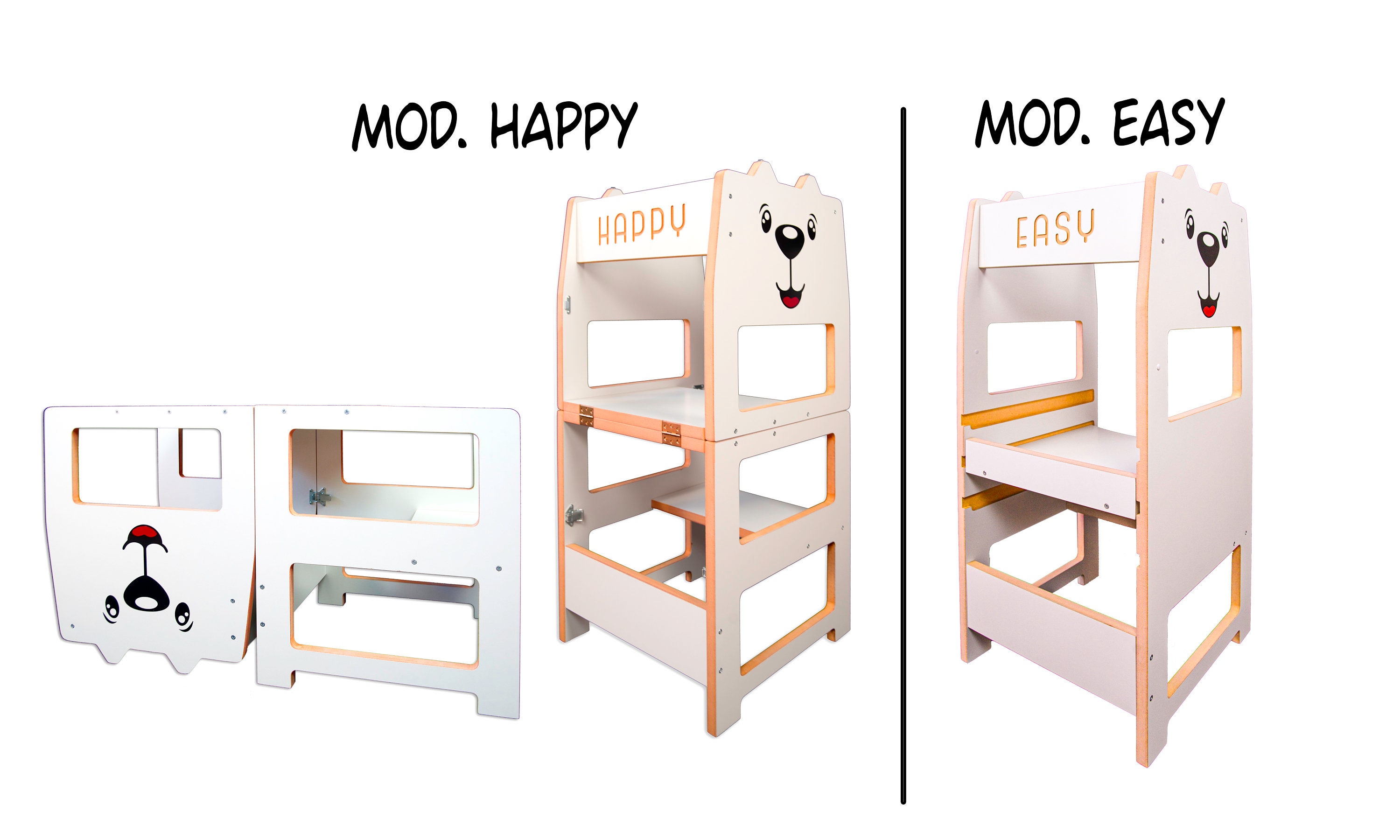 Montessori tower BASIC models. Happy Basic foldable table, Easy Basic fixed with adjustable top. Montessori tower