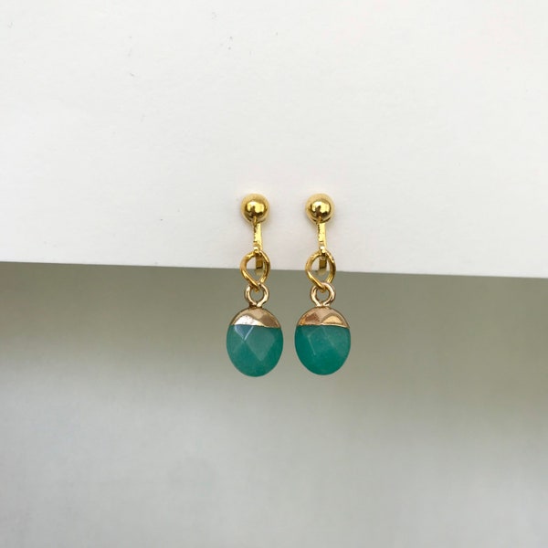 Clip On Jade Earrings, Non Pierced Ears, Natural Jade,Gold Earrings, Clip On Earrings Kids, Mother’s Day, Dangle, Clip On Gem, UK