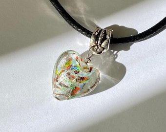 Multicoloured Silver Glass Heart Necklaces, Handmade Lampwork, Black Cord Necklace, Heart Necklace, Black Chokers, Trendy, Birthday, Gifts