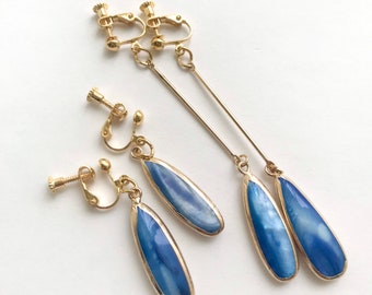 Clip On Marine Blue Teardrop Earrings, Non Pierced Ears, Sensitive, Natural Freshwater, Golden Plated, Clip On Earrings,Mother’s Day, Dangle