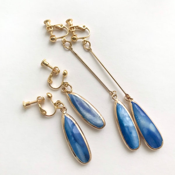 Clip On Marine Blue Teardrop Earrings, Non Pierced Ears, Sensitive, Natural Freshwater, Golden Plated, Clip On Earrings,Mother’s Day, Dangle