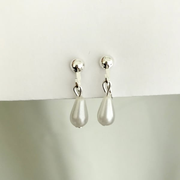 Clip On Pearl Earrings, Non Pierced Ears, White Pearl Dangle Earrings, Silver Earrings, Handmade Earrings, Drop, Gifts For Her, Kids, UK