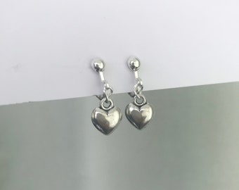 Clip On Heart Earrings, Non Pierced Ears, Love Heart Earrings, Silver Heart Earrings, Clip On Earrings Kids, Handmade, Stocking Filler, UK