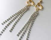 Gold Rhinestone Tassel Clip On Earrings, Non Pierced Ears, Gold Dangle, Glamorous, Wedding, Party, Earrings For Her, Handmade, UK