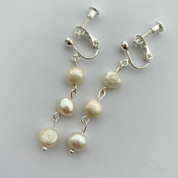 Clip On Freshwater Pearl Earrings, Non Pierced Ears, Dangle Earrings, Silver Pearl Earrings, Handmade Earrings, Gifts For Her, Bridal, UK