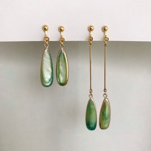 Clip On Sea Green Teardrop Earrings, Non Pierced Ears, Sensitive, Natural Freshwater, Golden Plated, Clip On Earrings, Handmade, Dangle, UK